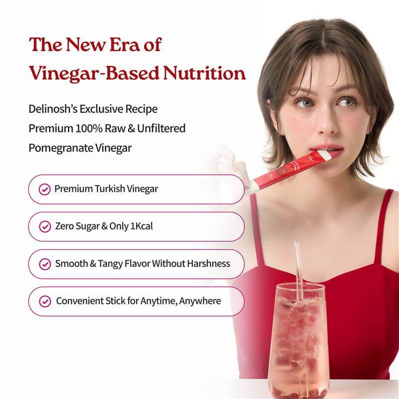 Delinosh Pomegranate Cider Vinegar 2 Boxes A lighter habit, a purer vinegar. Raw, unfiltered pomegranate vinegar made from 12 whole fruits — smooth, tangy, and only 1 kcal. 100% raw & unfiltered Turkish pomegranate vinegar Zero sugar, only 1 kcal per stic