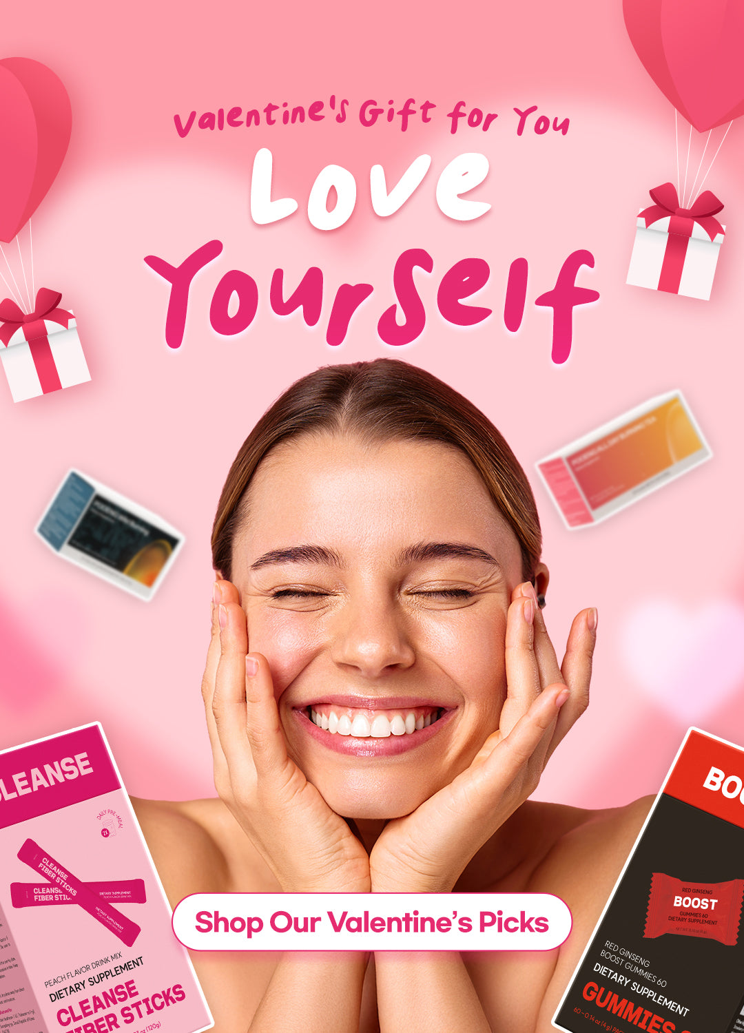 Promotional image with a woman's face, skincare products, and 'Love Yourself' text on a pink background.