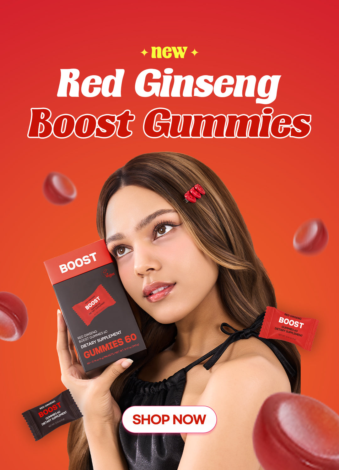 Advertisement for Red Ginseng Boost Gummies with a woman holding the product on an orange background.