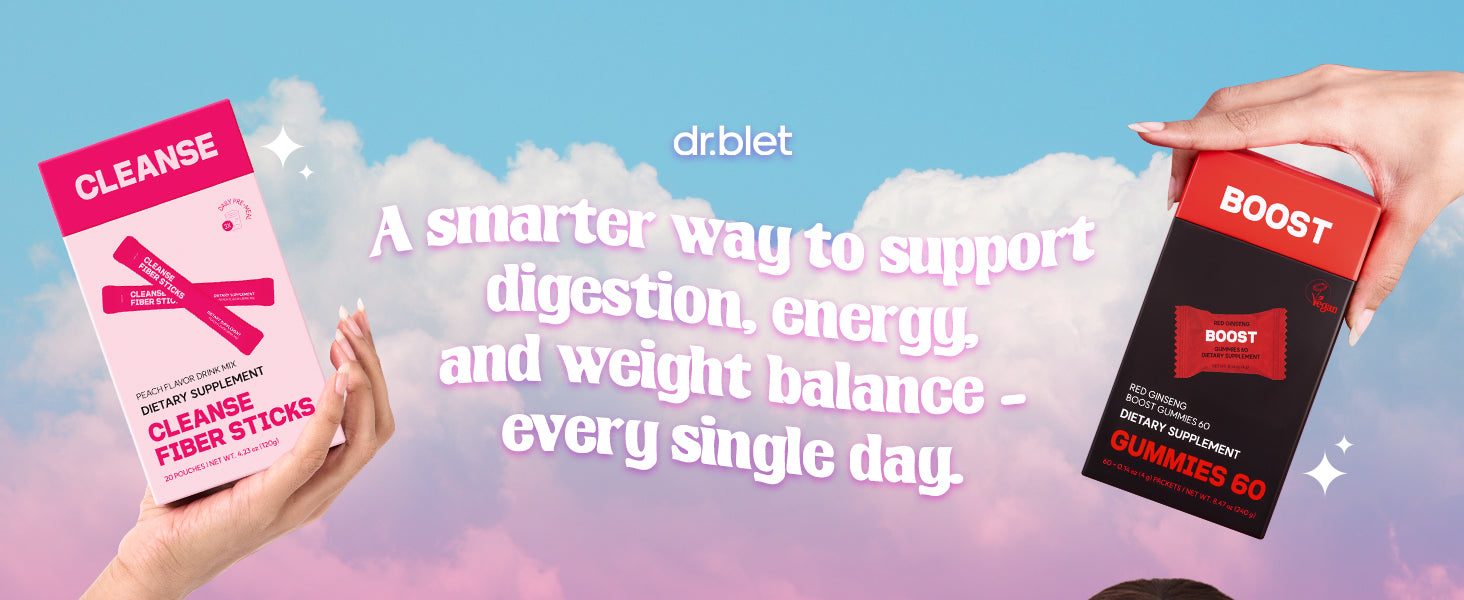 Two boxes of Dr. Blet products held by hands against a colorful background with text about digestive support.