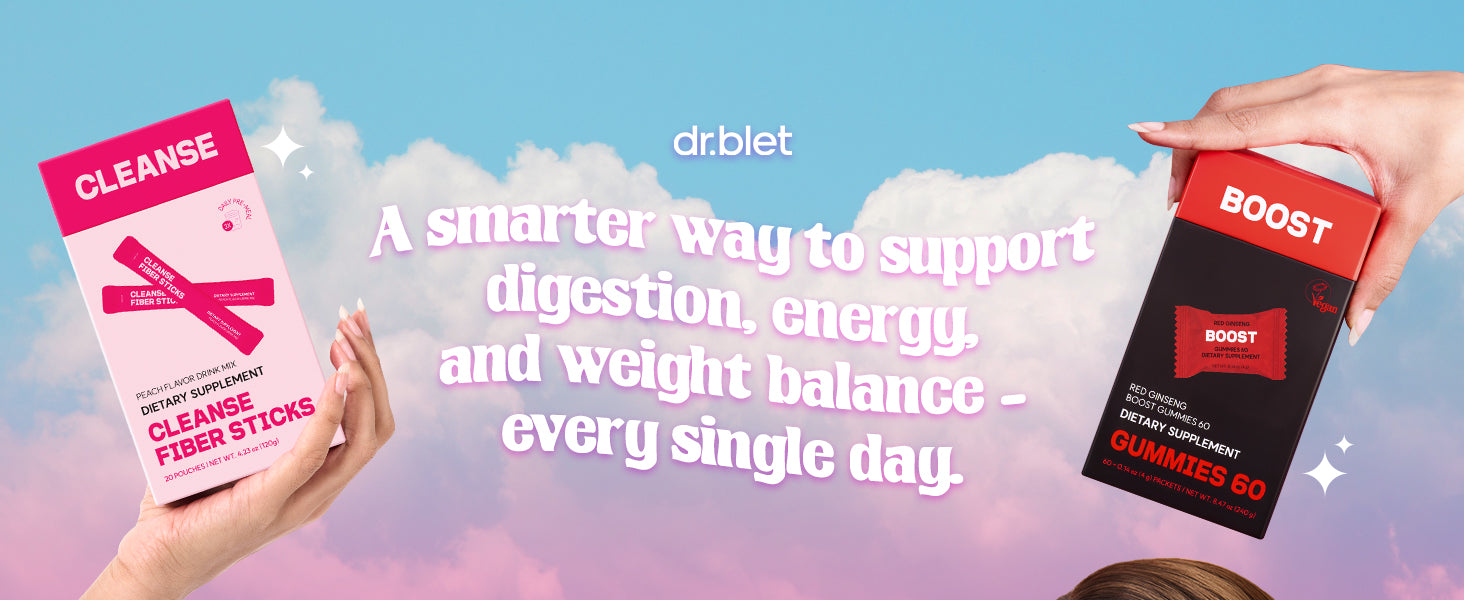 Two boxes of Dr. Blet products held by hands against a colorful background with text about digestive support.