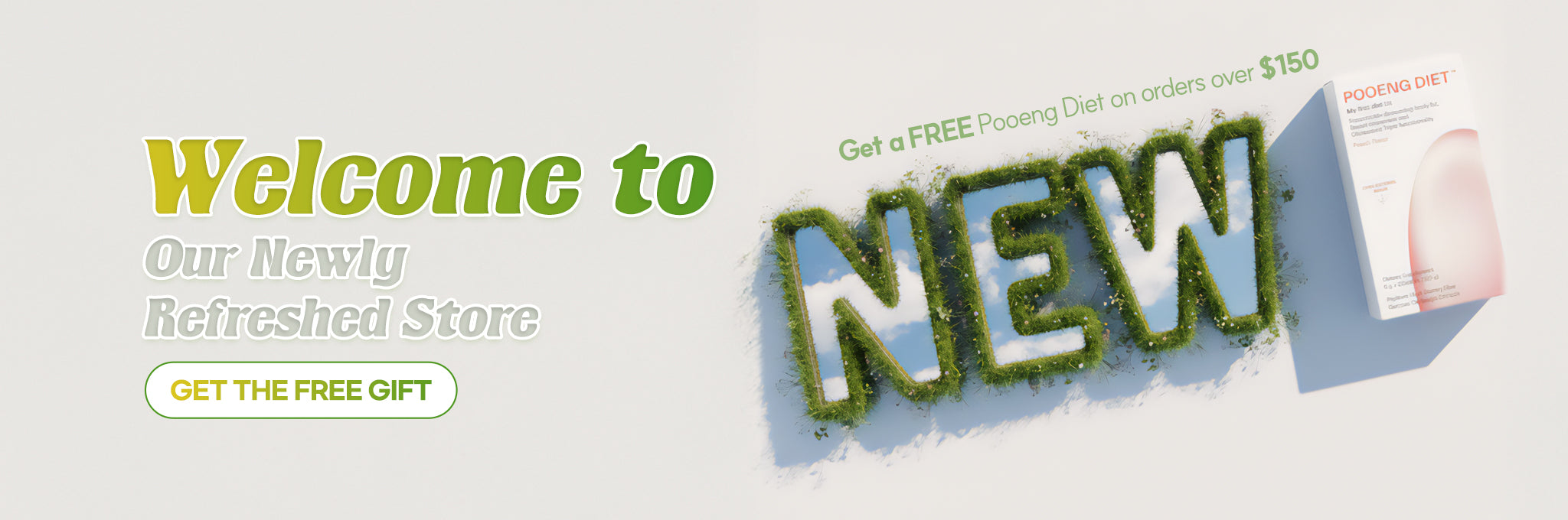 Promotional banner for a newly refreshed store with text and a free gift offer.