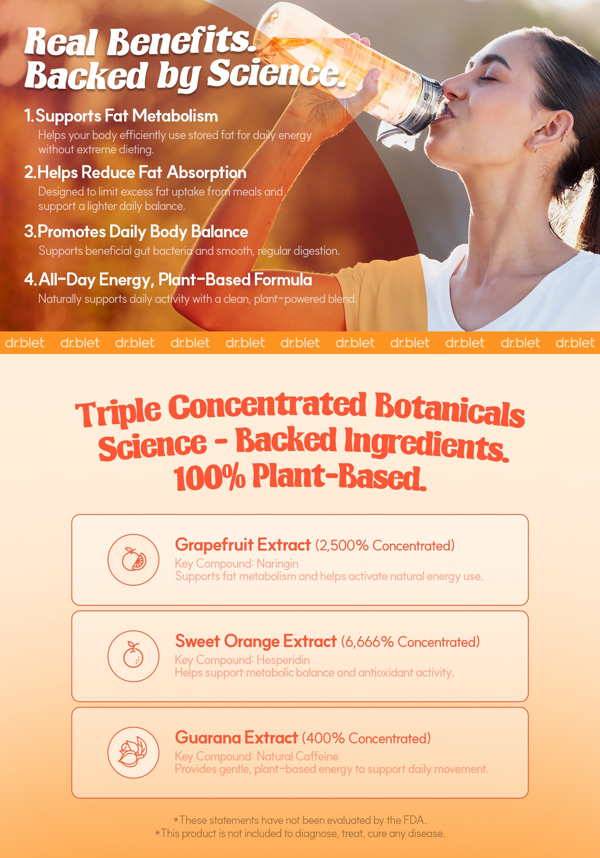Woman drinking a supplement with product benefits listed on an orange background