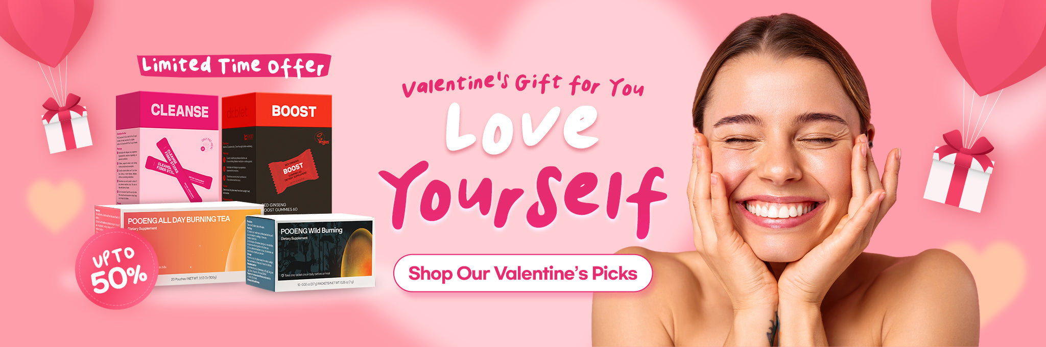 Promotional banner with skincare products and a woman on a pink background with heart shapes.