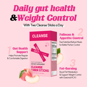 Pink packaging of Cleanse fiber sticks with text on a pink background