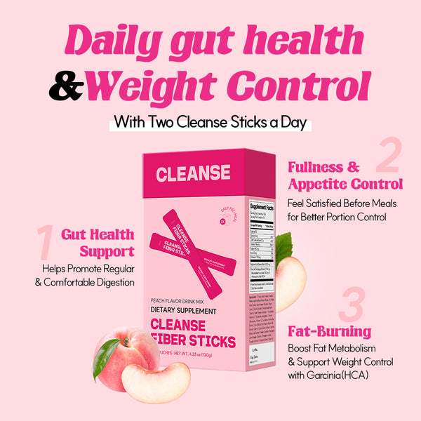 Pink packaging of Cleanse fiber sticks with text on a pink background