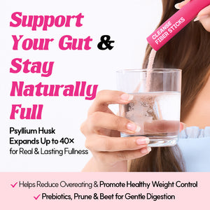 Person pouring fiber stick into a glass with promotional text about gut health and weight control.