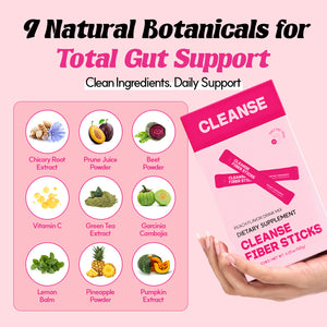 Product packaging with natural botanicals for gut health on a pink background