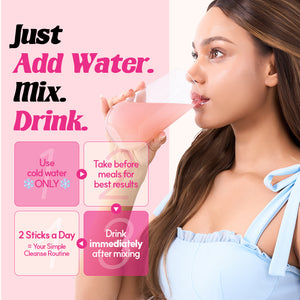 Woman holding a pink drink with text on how to use it, set against a white background.