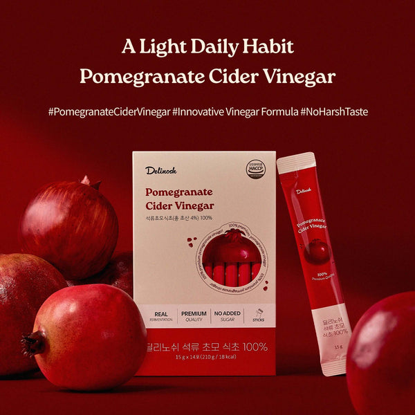 Delinosh Pomegranate Cider Vinegar 2 Boxes A lighter habit, a purer vinegar. Raw, unfiltered pomegranate vinegar made from 12 whole fruits — smooth, tangy, and only 1 kcal. 100% raw & unfiltered Turkish pomegranate vinegar Zero sugar, only 1 kcal per stic