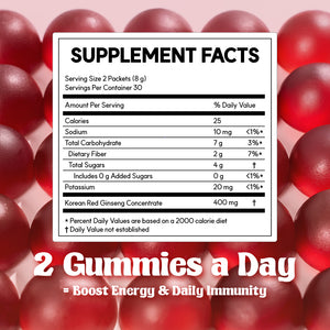 dr.blet red ginseng boost gummies 60 supplement facts label showing serving size of two gummies and 400 mg Korean red ginseng concentrate
