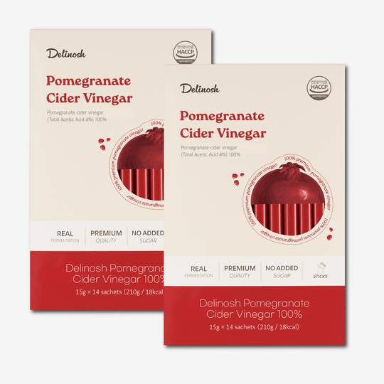 Delinosh Pomegranate Cider Vinegar 2 Boxes A lighter habit, a purer vinegar. Raw, unfiltered pomegranate vinegar made from 12 whole fruits — smooth, tangy, and only 1 kcal. 100% raw & unfiltered Turkish pomegranate vinegar Zero sugar, only 1 kcal per stic